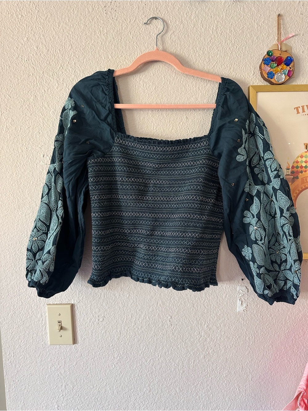 Anthropologie Balloon Sleeve Top Blue Embroidered EUC L